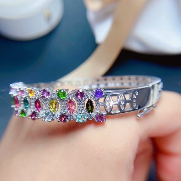 NEW 925 STERLING NATURAL MULTI COLOR TOURMALINE BANGLES 7' - Picture 5 of 5